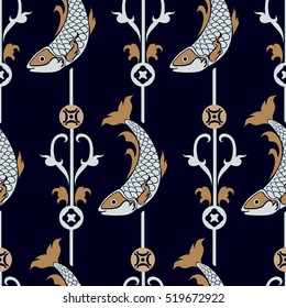 Japanese kimono pattern with carp fish and lotus.