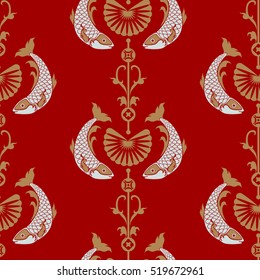 Japanese kimono pattern with carp fish and lotus.