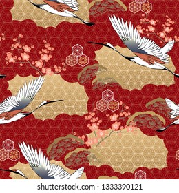 Japanese kimono pattern. Cherry blossom , Crane birds, pine tree with oriental motifs background vector.
