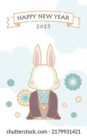 Japanese kimono rabbit Face-fitting 2023 new year card 