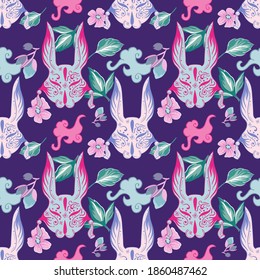 Japanese kimono seamless pattern with flowers and rabbit mask. Bohemian ethniv style.