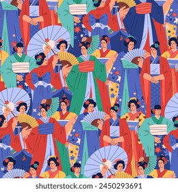 Japanese kimono. Vector seamless design depicting women in colorful traditional kimonos with accessories in their hands. Ideal for accents on textiles and wallpaper.