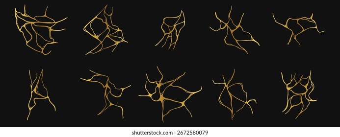 Japanese kintsugi crack elements. Abstract golden shapes for wall art, posters, and decor in Japanese style. Vector illustration