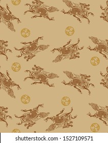 Japanese Kirin Mythical Dragon Horse Seamless Pattern