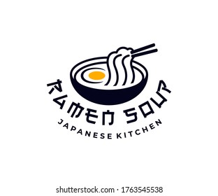 Japanese kitchen, ramen soup, noodles with egg, logo design. Food, restaurant, catering and canteen, vector design and illustration