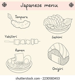 Japanese kitchen. Set of linear vector icons. Asian cuisine. National food