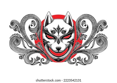 Japanese Kitsune Fox Mask, Hand Drawn Illustration