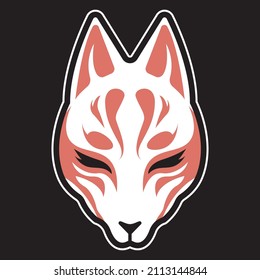 Japanese Kitsune fox mask isolated on dark background. Graphic vector.