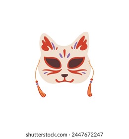 Japanese kitsune fox mask with tassels vector cartoon illustration. Traditional Japanese folk mystical animal face mask with red ornamental painting isolated on white background