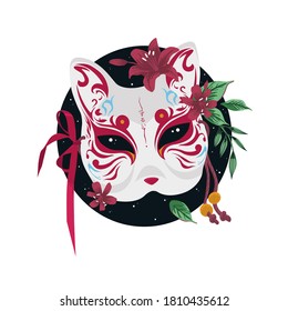 Japanese Kitsune fox and wolf mask. Color vector flat cartoon illustration isolated on circle