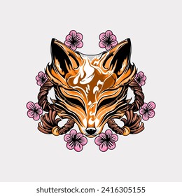 Japanese kitsune mask artwork with sakura flower, japanese mask tattoo artwork vector illustration