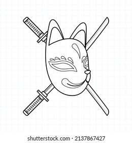 Japanese kitsune mask coloring page, Vector illustration eps.10
