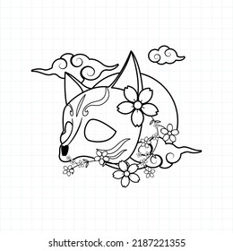 Japanese kitsune mask coloring page, Vector illustration eps.10