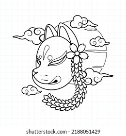 Japanese kitsune mask coloring page, Vector illustration eps.10