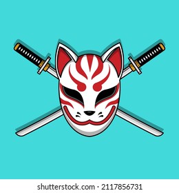 Japanese kitsune mask with katana sword, Vector illustration eps.10