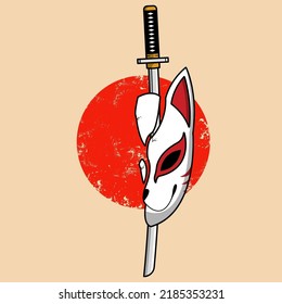 Japanese kitsune mask with katana sword, Vector illustration eps.10