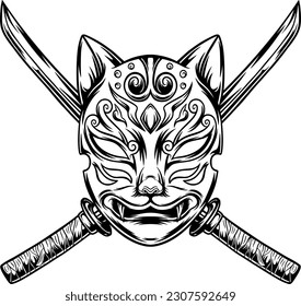 Japanese kitsune mask with katana sword