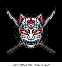 Japanese kitsune mask with katana sword