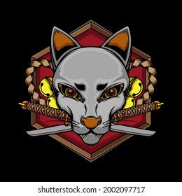  japanese kitsune mask and katana, vector EPS 10