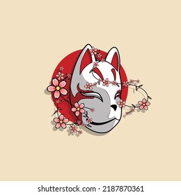 Máscara kitsune japonesa con flor sakura, ilustración vectorial eps.10