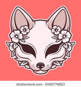 Japanese kitsune mask vector in pink background