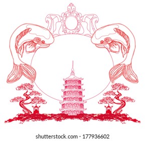 japanese koi and ancient building - abstract frame