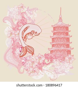  japanese koi and ancient building background 