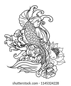 Japanese koi carp coloring book and traditional tattoo.