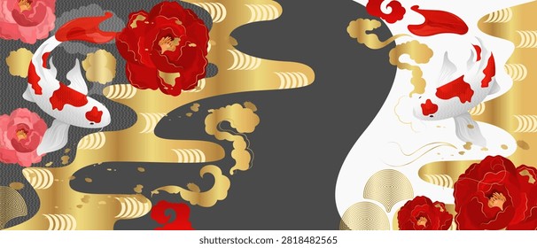 Japanese koi carp fish with red peonies and waves, vector illustration