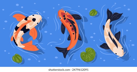 Pescado de carpa koi japonés. Nadando en el estanque colorido koi carp fish, lindo pescado oriental koi Ilustración vectorial plana conjunto. Pescado asiático de la carpa nadadora