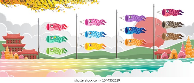 Japanese koi carp flags vector isolated design. Beautiful landscape river, mountains, autumn scenery in Japan. illustration.