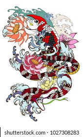 Japanese Koi carp with snake and flower tattoo.