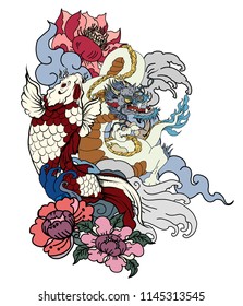 Japanese Koi Dragon Illustration And Tattoo Design.dragon And Koi Carp With Peony Flower On Water Splash Background.