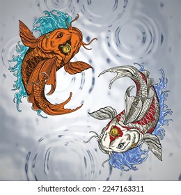 Japanese Koi Fish Artwork Drawing Illustration. The symbol of prosperity, good charm, lucky, wealth and health. Represent of culture of oriental chinese, japanese. Can tranform into a legendry dragon