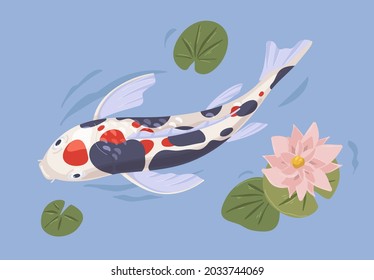 Japanese Koi Fish In Asian Garden Pond With Leaf And Lotus Flower. Chinese Decorative Zen Carp Swimming In Water. Above View Of Orient Aquatic Peaceful Animal. Colored Flat Vector Illustration