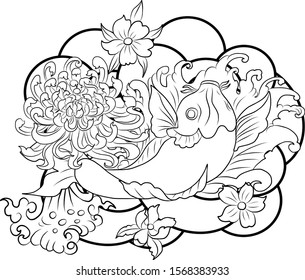 Japanese Koi fish carp with peach blossom and cloud tattoo.Japanese tattoo with water splash and black cloud.koi fish carp illustration for T-shirt background.