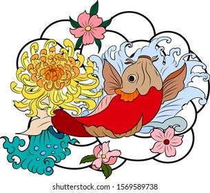 Japanese Koi fish carp with peach blossom and cloud tattoo.Japanese tattoo with water splash and black cloud.koi fish carp illustration for T-shirt background.