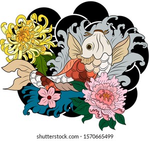 Japanese Koi fish carp with peach blossom and cloud tattoo.Japanese tattoo with water splash and black cloud.koi fish carp illustration for T-shirt background.