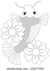 Japanese Koi Fish or Chinese Carp with Lotus Flower Line Art  Illustration Isolated on White Background Vector