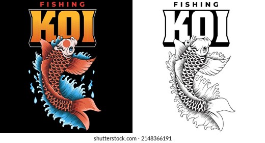 Plantilla de color de pescado koi japonés en ilustración vectorial aislada de estilo vintage