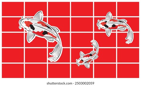 Japanese koi fish drawing illustration isolated in red circle bakground with blank space, drawing line 