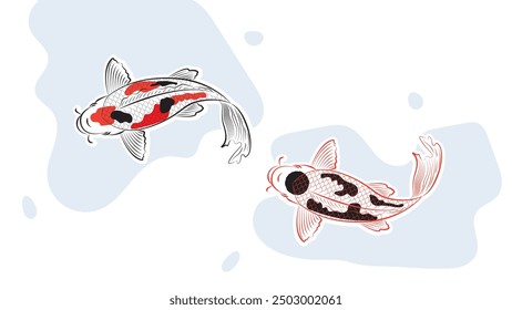 Japanese koi fish drawing illustration isolated in red circle bakground with blank space, drawing line 