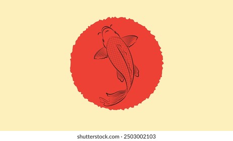 Japanese koi fish drawing illustration isolated in red circle bakground with blank space, drawing line 