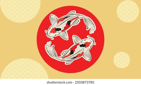 Japanese koi fish drawing illustration isolated in background with blank space, koi fish drawing line