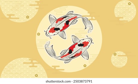 Japanese koi fish drawing illustration isolated in background with blank space, koi fish drawing line