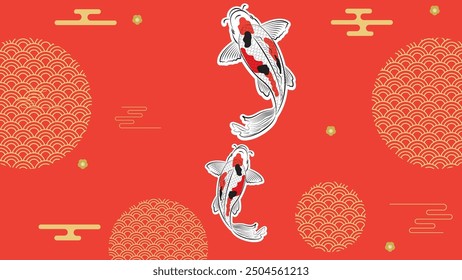 Japanese koi fish drawing illustration isolated in background with blank space, koi fish drawing line