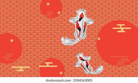 Japanese koi fish drawing illustration isolated in background with blank space, koi fish drawing line