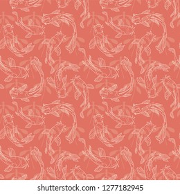 Japanese Koi fish lineart layered on dragonfly silhouettes in a monochrome orange pink color. Seamless vector pattern background. Great for fabric, home decor, stationery, fashion accessories.
