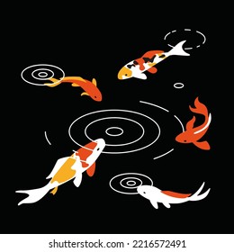 Pescado koi japonés en estanque. Ilustración vectorial de estilo moderno dibujada a mano. Dibujo asiático de cartón