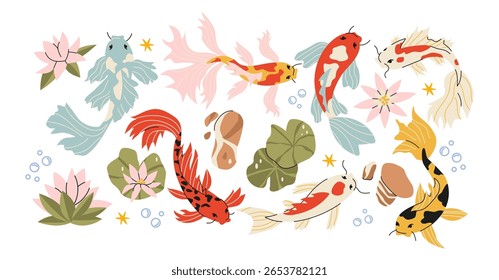 Peixe koi japonês nadando em lagoa de jardim decorativo em estilo de desenho animado retro. Conjunto de adesivo: flores de lótus, almofadas de lírio, bolhas, água calma. Zen conceito natureza, ilustração em funky, estilo rabiscar.
